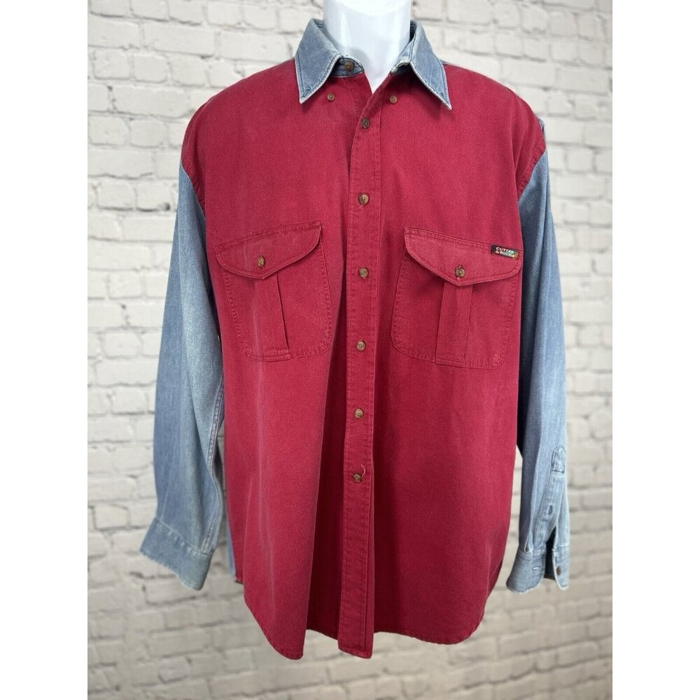 VTG Cutter & Buck Red Denim Color Block Cotton Button Up Long Sleeve Medium M
